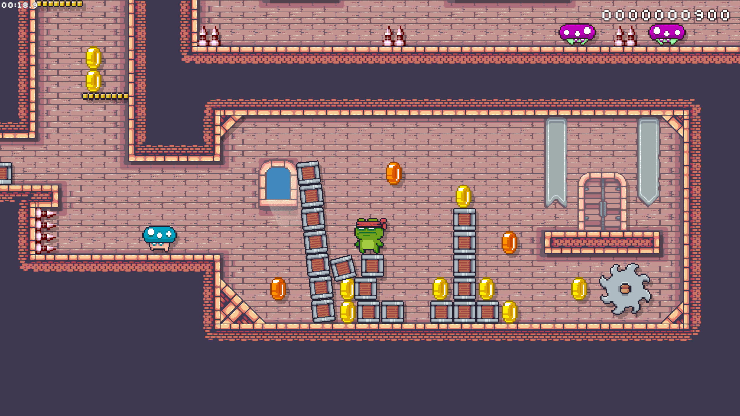 A frog character wearing a ninja mask standing in a medieval castle level