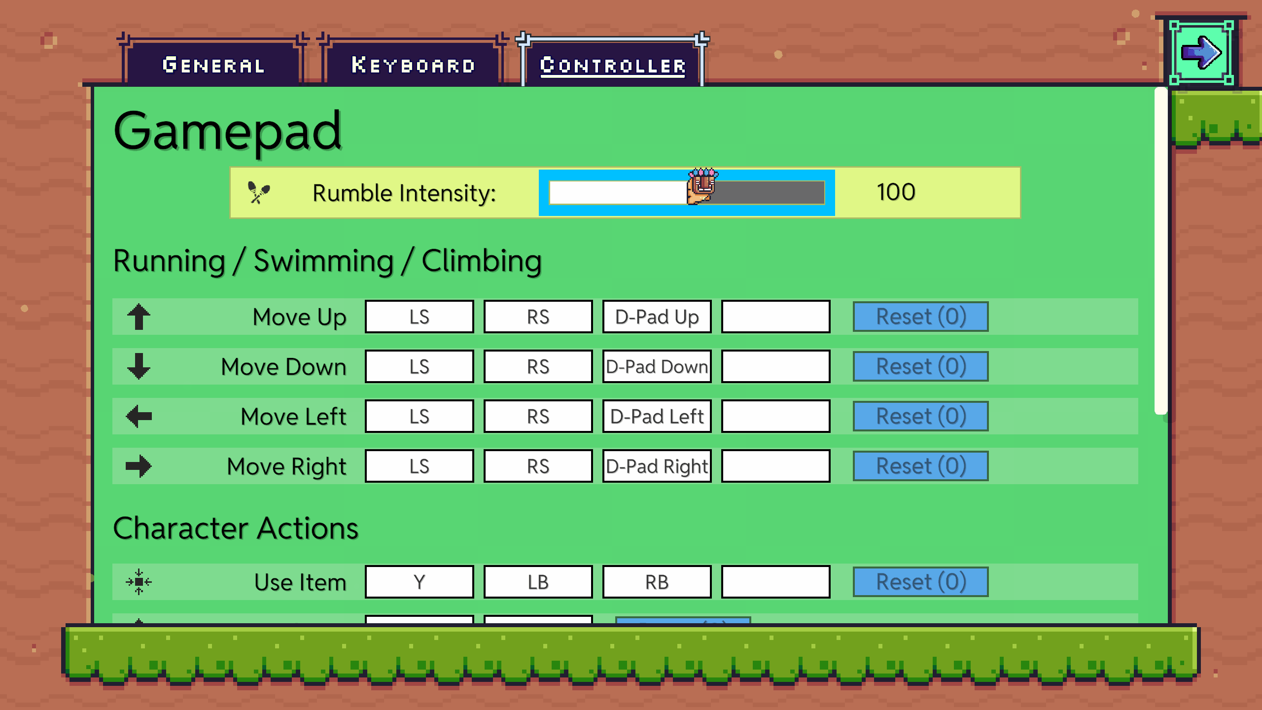 Gamepad settings menu